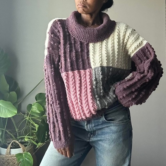 Sweaters - Vintage Handmade Cable Knit Sweater Womens L Purple Color Block